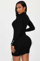 Stylish Black & Pink Sweater Mini Dress with Collar Neckline & Long Sleeves(Black,XS)