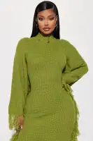 Chartreuse Distressed Sweater Maxi Dress - Mock Neck Long Sleeve Stretch Knit(Chartreuse,XS)