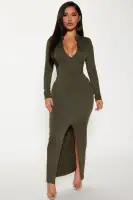 Stylish Long Sleeve Mock Neck Maxi Dress with Front Slit - Heather Grey, Black, Olive