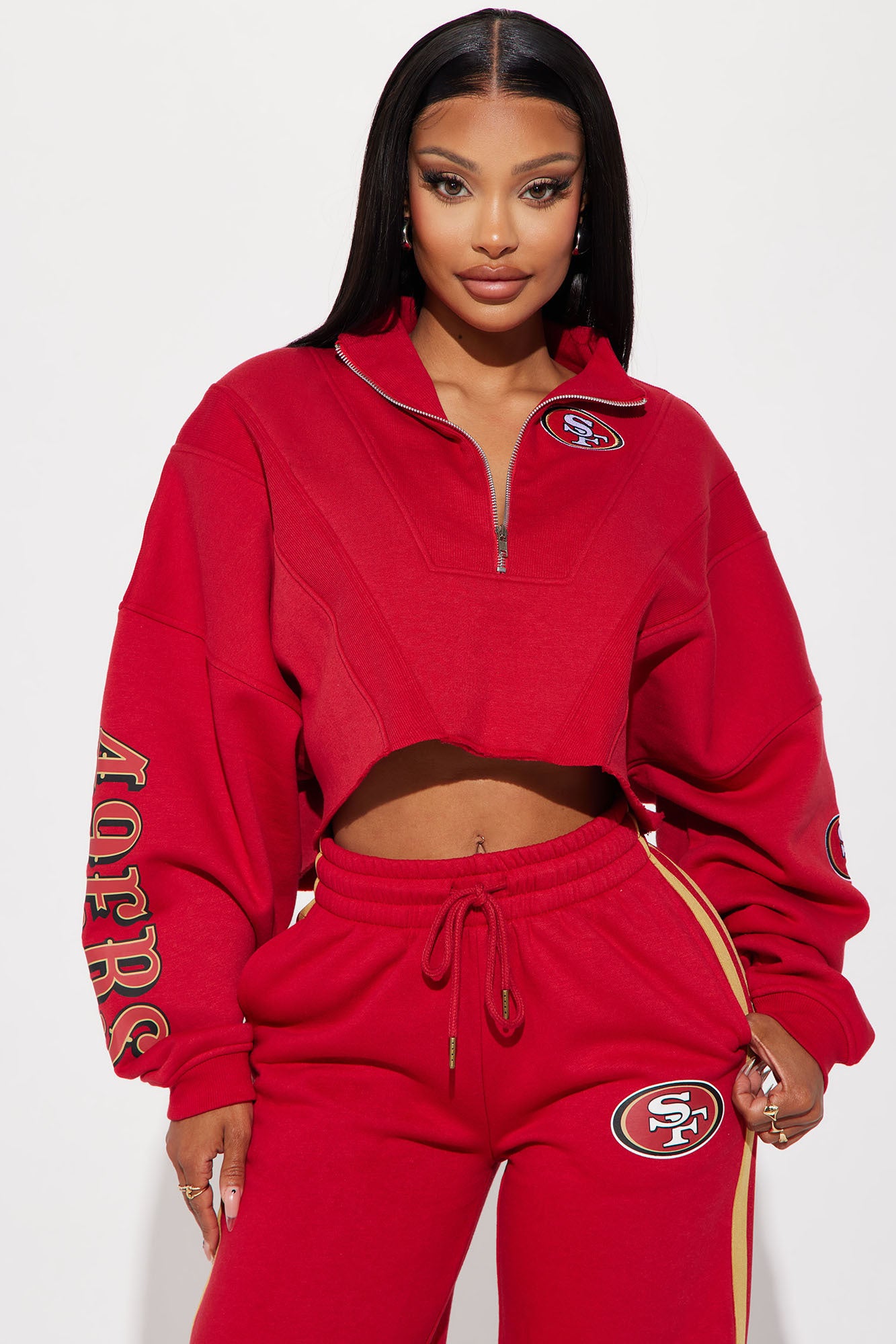 San Francisco 49ers Graphic Zip-Up Cropped Hoodie & Wide Leg Pant Set - Red Cotton-Polyester Blend