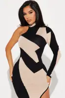 Elegant One Shoulder Mock Neck Sweater Maxi Dress with High Slit - Available in Hunter, Taupe, and Black/White(Taupe/combo,XS)