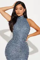 Elegant Feathered Sequin Gown with Mock Neckline & Sleeveless Design - Grey & Mauve Options(Grey,XS)