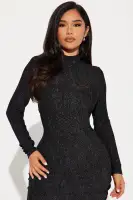 Elegant Metallic Midi Dress with Mock Neck & Asymmetrical Hem - Black/Silver(Black/Silver,S)
