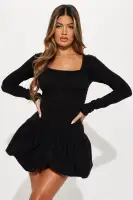 Chic Olive & Black Long Sleeve Bubble Mini Dress - Square Neck Stretch Rayon Blend