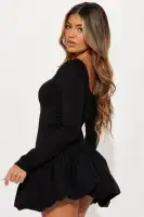 Chic Olive & Black Long Sleeve Bubble Mini Dress - Square Neck Stretch Rayon Blend(Black,XS)