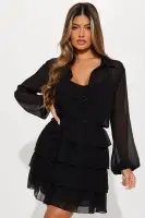 Black Chiffon Collar Neckline Long Puff Sleeve Mini Shirt Dress with Bralette