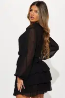 Black Chiffon Collar Neckline Long Puff Sleeve Mini Shirt Dress with Bralette(Black,XS)