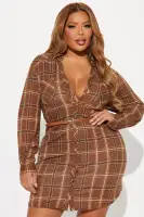 Stylish Plaid Mini Shirt Dress - Collared Neckline, Long Sleeves, Button-Up (Brown/Combo & Orange/Combo)(Brown/combo,XS)