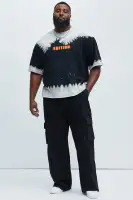 Black Crew Neck Screen Print Overalls 80% cotton 20% polyester, unique design, comfortable to wear, casual and versatile.(Black/combo,S)