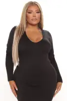 Stylish Midi Dress with Long Sleeves & V-Neckline - Available in Heather Grey, White, Black, Chocolate(Black,S)