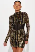 Sexy Black Sequin Mini Dress with Corset Waist & Mesh Cutouts - Long Sleeve Mock Neck Party Dress(Black,XS)