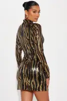 Sexy Black Sequin Mini Dress with Corset Waist & Mesh Cutouts - Long Sleeve Mock Neck Party Dress(Black,XS)