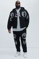 Zip Closure Long Sleeve Cotton Polyester Blend Printed Hoodie(Black,S)