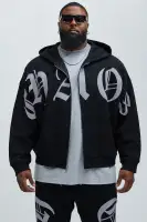 Zip Closure Long Sleeve Cotton Polyester Blend Printed Hoodie(Black,S)