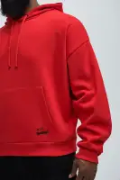 Red Drawstring Long Sleeve Screen-Printed Cotton-Polyester Hoodie(Red,S)