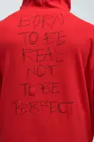 Red Drawstring Long Sleeve Screen-Printed Cotton-Polyester Hoodie(Red,S)