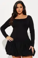 Chic Olive & Black Long Sleeve Bubble Mini Dress - Square Neck Stretch Rayon Blend(Black,XS)