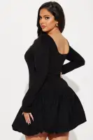 Chic Olive & Black Long Sleeve Bubble Mini Dress - Square Neck Stretch Rayon Blend(Black,XS)