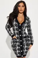 Chic V-Neck Sweater Mini Dress with Pockets - Long Sleeve Stretch Button Down (Black/White)