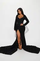 Elegant Black Sequin Gown with Sweetheart Neckline & Long Sleeves – Tie Back & High Slit