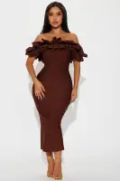 Sexy Off-Shoulder Bandage Midi Dress with Exposed Back - Red & Chocolate