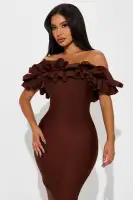 Sexy Off-Shoulder Bandage Midi Dress with Exposed Back - Red & Chocolate(Chocolate,XS)