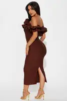 Sexy Off-Shoulder Bandage Midi Dress with Exposed Back - Red & Chocolate(Chocolate,XS)