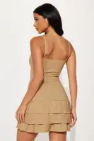 Khaki Ruffle Mini Dress with Square Neck & Tiered Hem – Stretchy & Stylish(Khaki,XS)