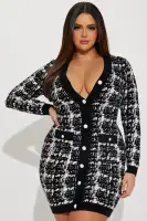 Chic V-Neck Sweater Mini Dress with Pockets - Long Sleeve Stretch Button Down (Black/White)(Black/White,XS)