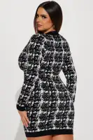 Chic V-Neck Sweater Mini Dress with Pockets - Long Sleeve Stretch Button Down (Black/White)(Black/White,XS)