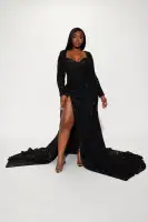 Elegant Black Sequin Gown with Sweetheart Neckline & Long Sleeves – Tie Back & High Slit(Black,XS)