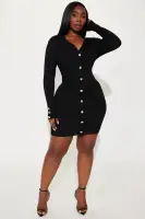 Stylish Black & Pink Sweater Mini Dress with Collar Neckline & Long Sleeves(Black,XS)