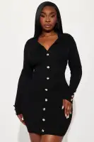 Stylish Black & Pink Sweater Mini Dress with Collar Neckline & Long Sleeves(Black,XS)