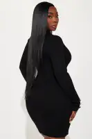 Stylish Black & Pink Sweater Mini Dress with Collar Neckline & Long Sleeves(Black,XS)
