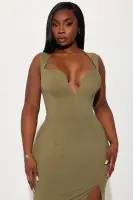 Elegant V-Neck Midi Dress with Side Slit & Back Zipper - Stretchy Polyester Blend - Olive, Grey, White(Olive,XS)