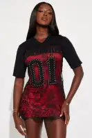 Sexy Studded Embroidered Lace Mini Dress - V-Neck, Sheer with Lining (Black/Red)(Black/Red,XS)