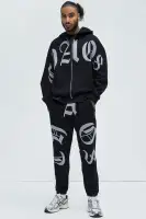 Zip Closure Long Sleeve Cotton Polyester Blend Printed Hoodie(Black,S)