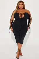 Elegant Black Off-Shoulder Midi Dress with Lace-Up Detail & Ruched Design(Black,XS)