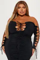 Elegant Black Off-Shoulder Midi Dress with Lace-Up Detail & Ruched Design(Black,XS)