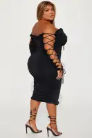 Elegant Black Off-Shoulder Midi Dress with Lace-Up Detail & Ruched Design(Black,XS)