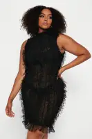 Black Mesh Mini Dress - Sleeveless Mock Neck with Smocked Shaggy Detail, Stretchy Polyester Blend(Black,tall,XS)