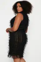 Black Mesh Mini Dress - Sleeveless Mock Neck with Smocked Shaggy Detail, Stretchy Polyester Blend(Black,tall,XS)
