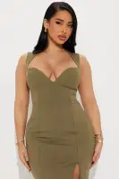 Elegant V-Neck Midi Dress with Side Slit & Back Zipper - Stretchy Polyester Blend - Olive, Grey, White(Olive,XS)