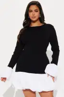 Chic Mini Sweater Bubble Dress with Puff Sleeves & Contrast Hem - Black/White(Black/White,XS)