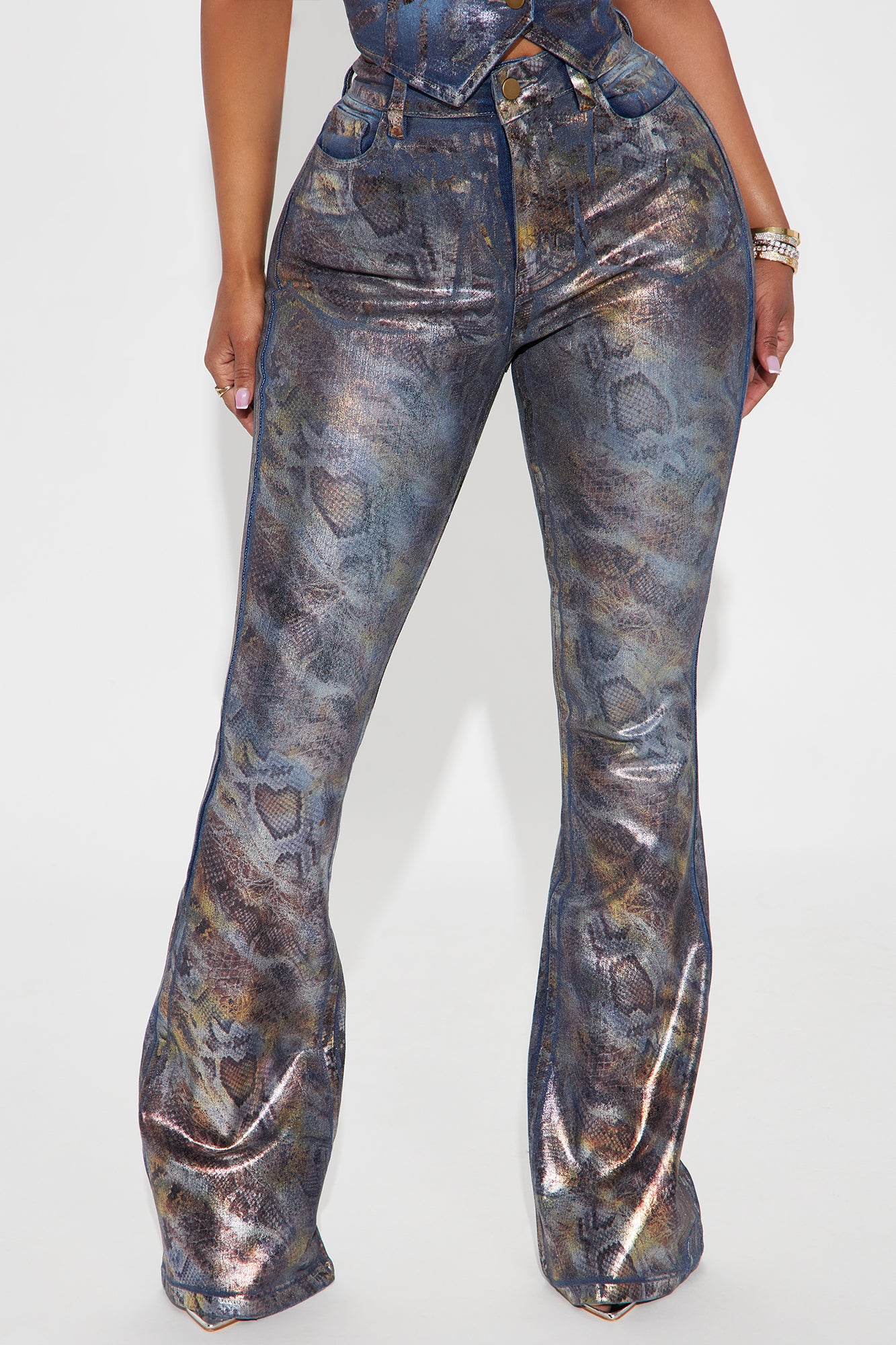 Flare Jeans Pair with Animal Print Foil Denim Vest High Rise Medium Stretch