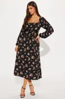 Elegant Black Long Sleeve Printed Midi Dress with Square Neck & Puff Sleeves