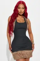 Black Wash Stretch Denim Mini Dress with Fur Trim & Scoop Neck