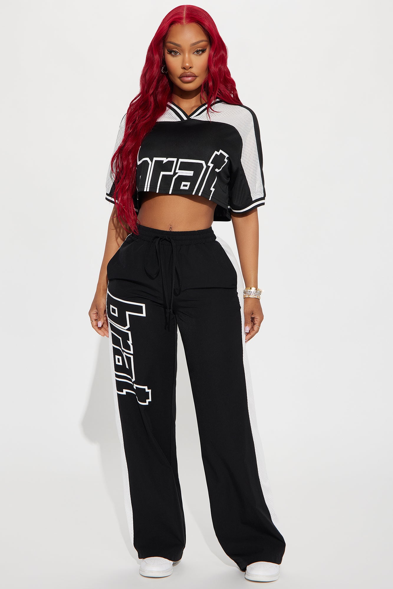 Wide Leg Fleece Stretch Sweatpants Paired with Bratty Jersey Top