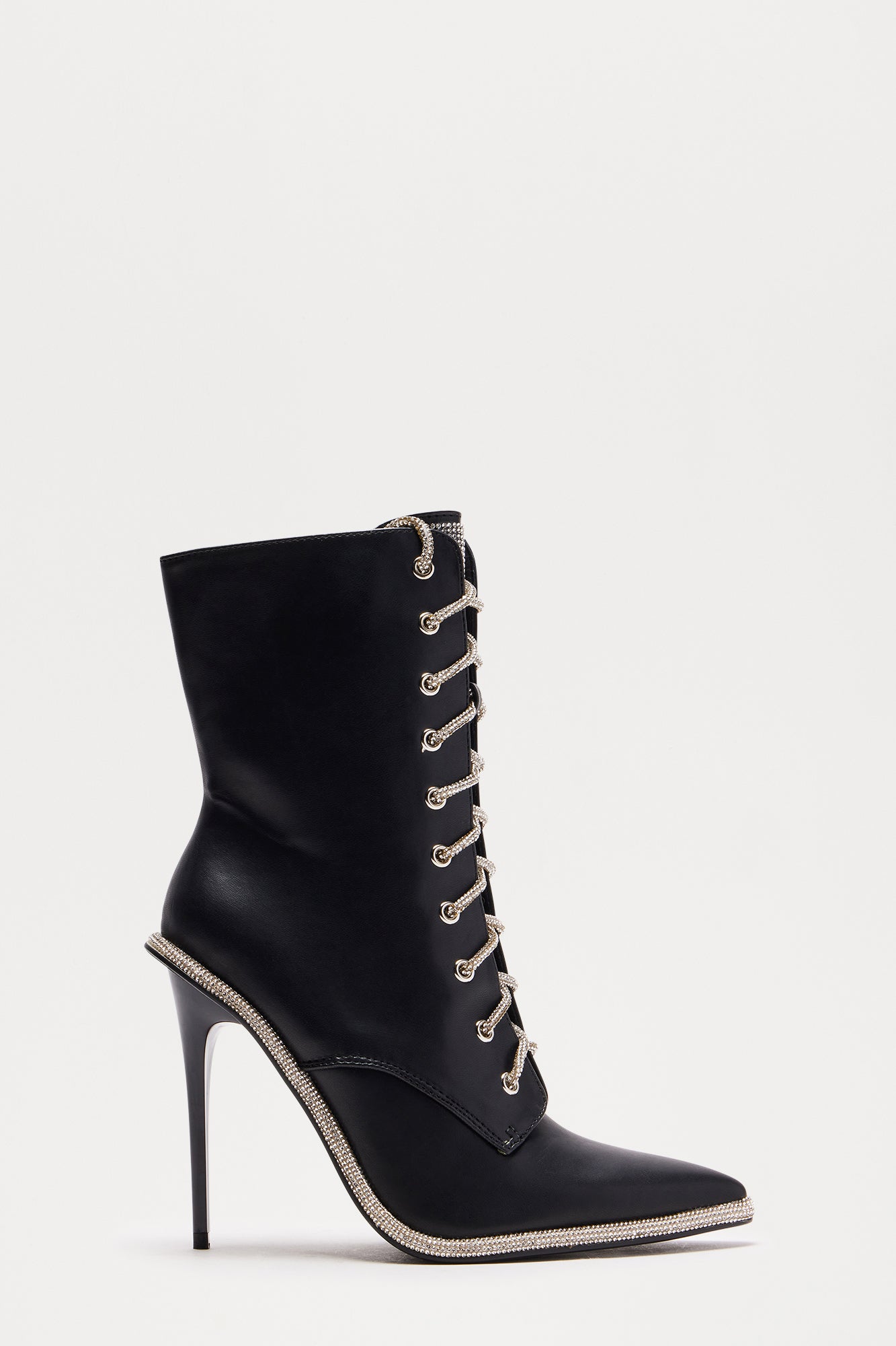 Elegant Rhinestone Lace-Up Booties – 4.5 Ultra High Heel Pointed Toe in Black & White