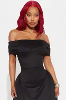 Elegant Black Off-Shoulder Midi Dress with Ruched Detail & Stretch Fit – 44 Length(Black,XS)